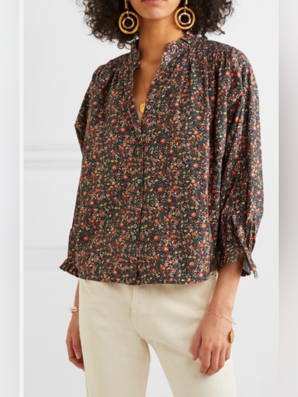 Doen Rose Gathered Floral Print Cotton Blouse Black Multi Button Front Top M